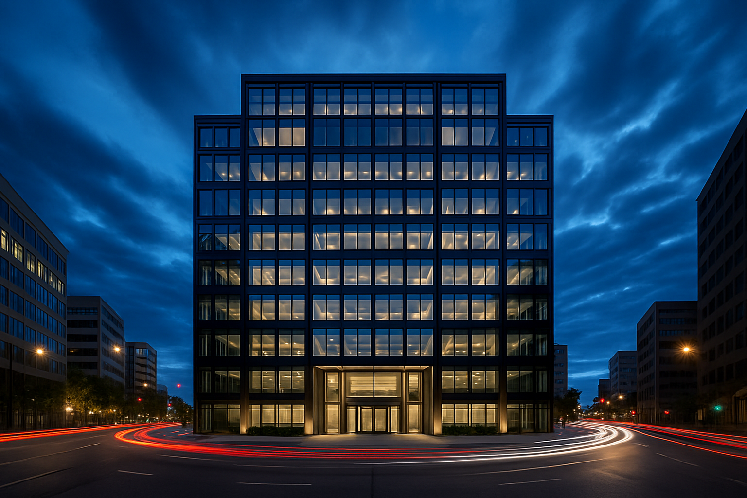 Modern Building with Glass Facade Illuminated at Night
